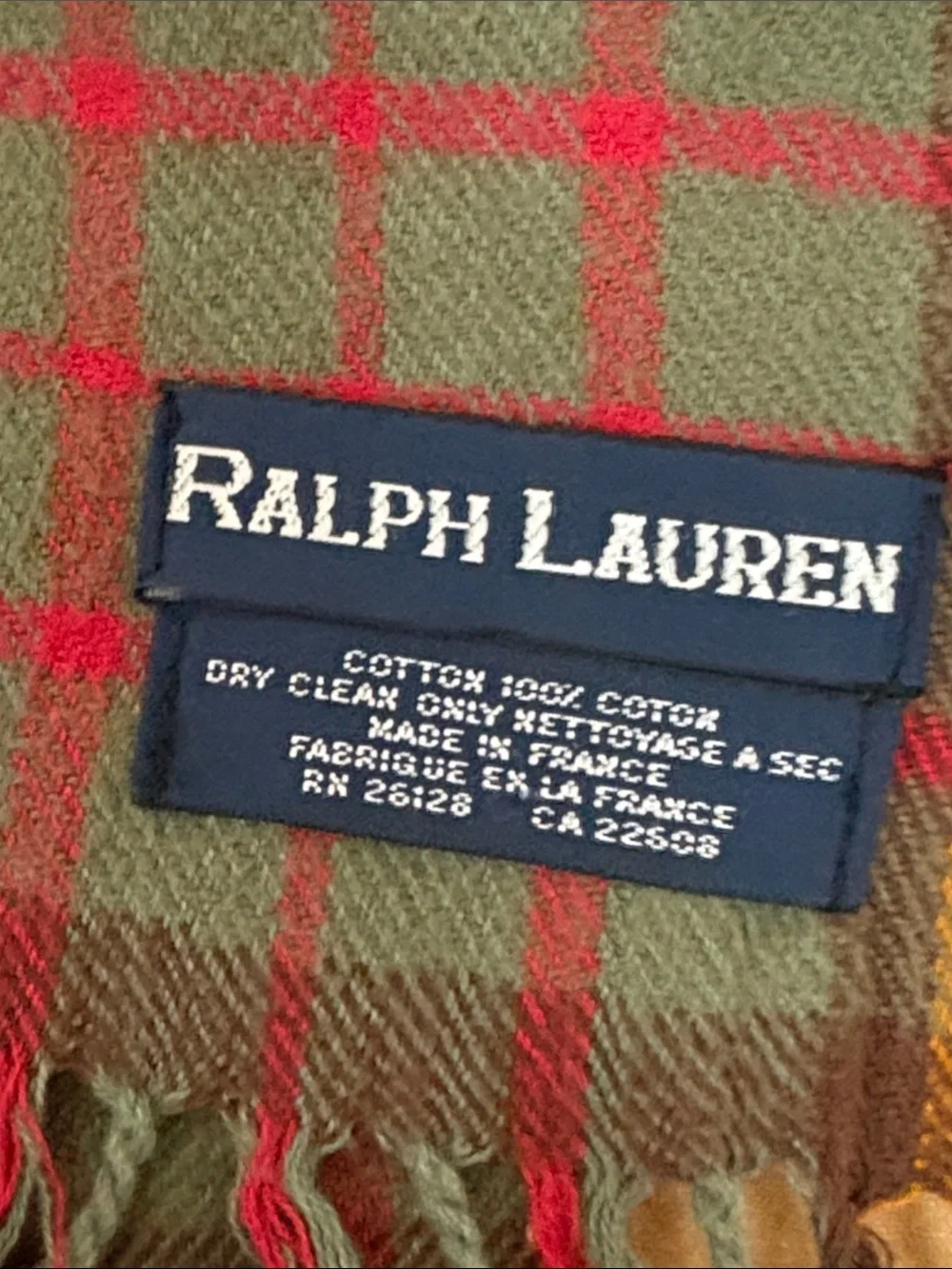 Ralph Lauren Olive Plaid Scarf with Slate & Red Accents